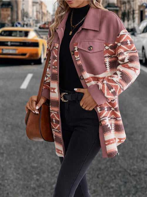 Geometric Collared Neck Buttoned Jacket Trendsi