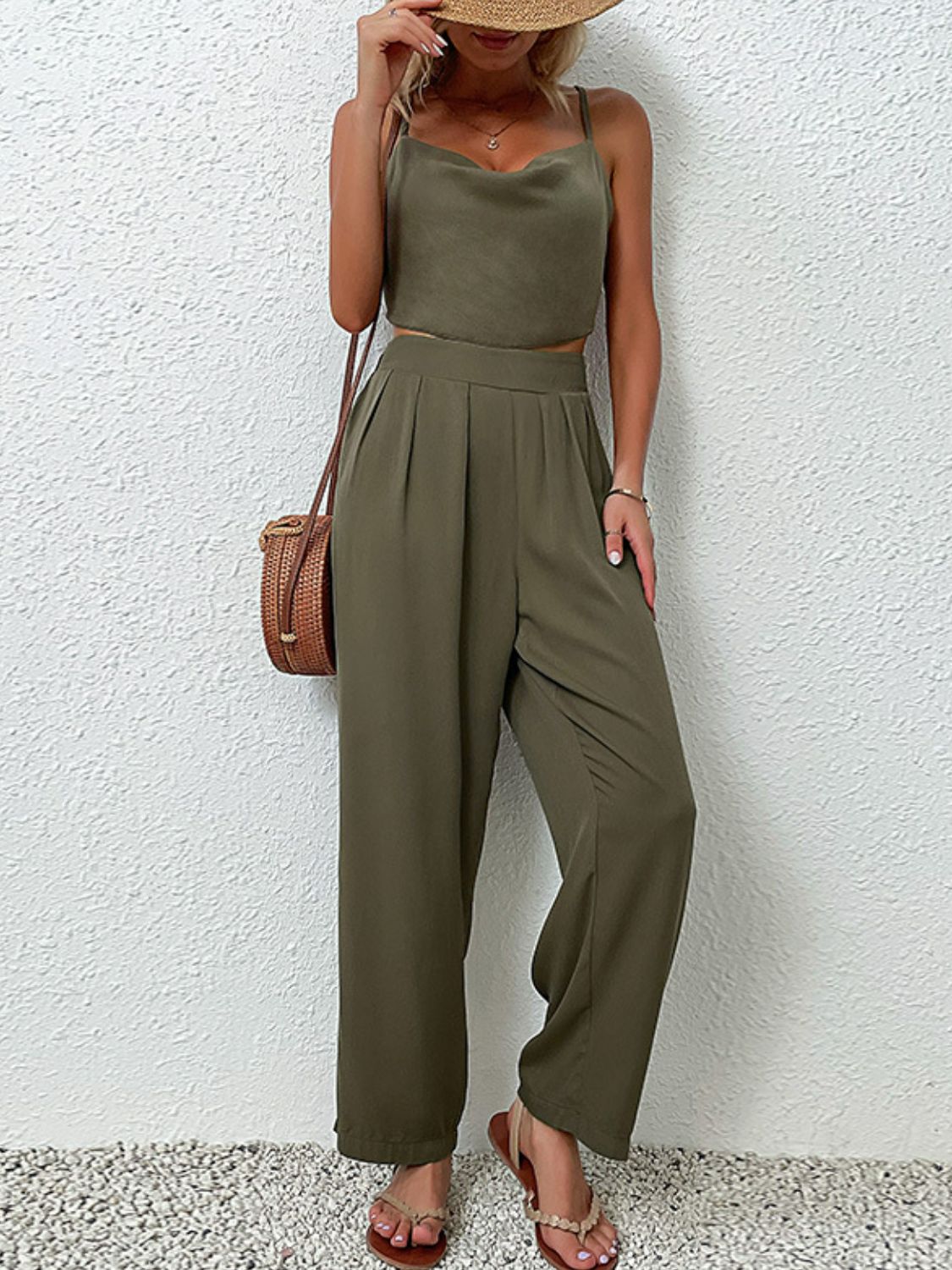 Crisscross Back Cropped Top and Pants Set Trendsi