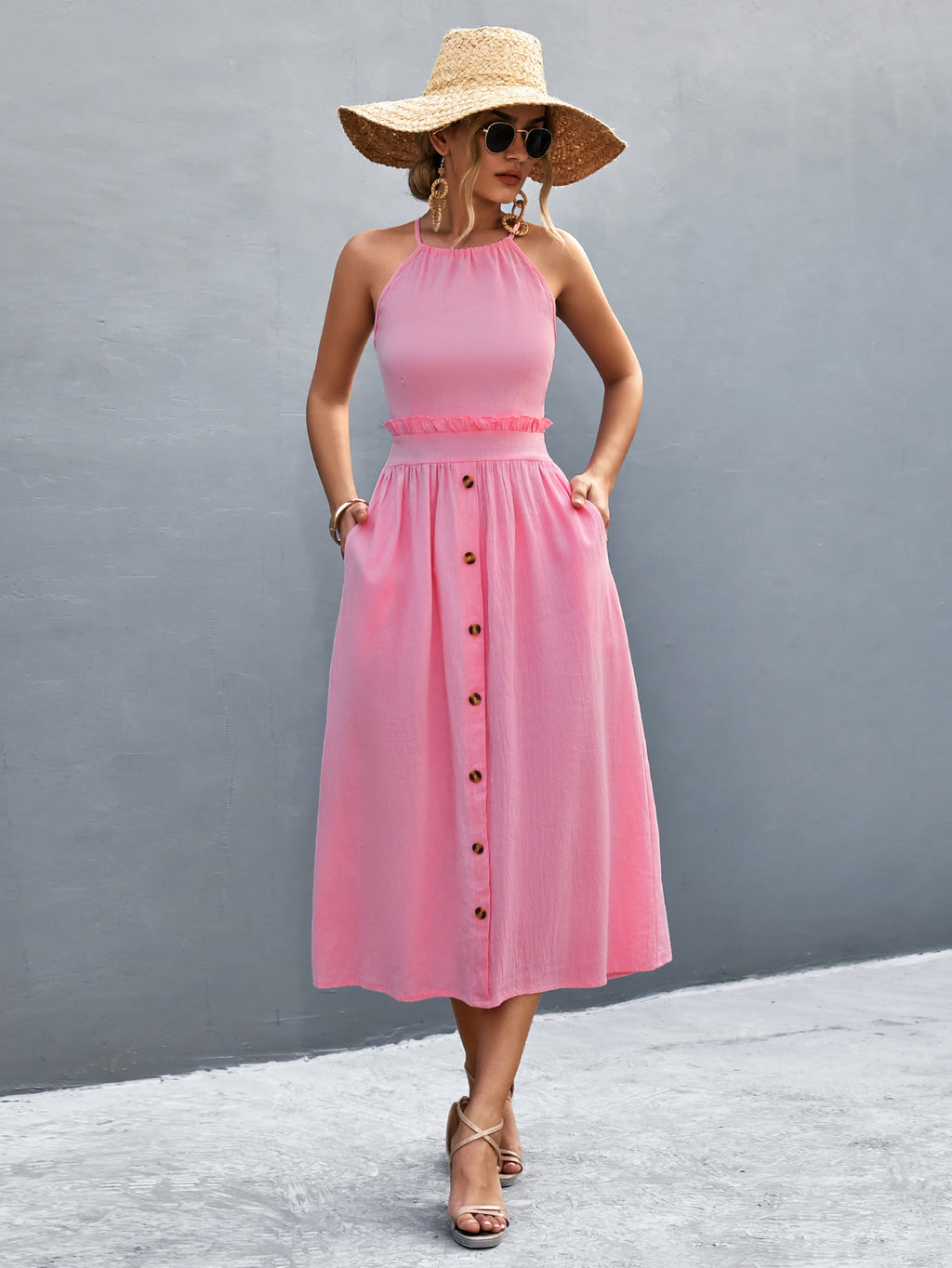 Buttoned Halter Neck Frill Trim Midi Dress Trendsi