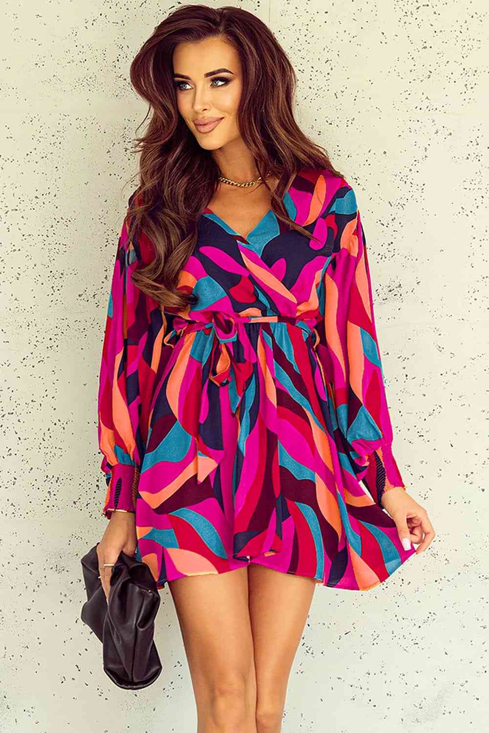 Printed Surplice Neck Tie Waist Dress Trendsi