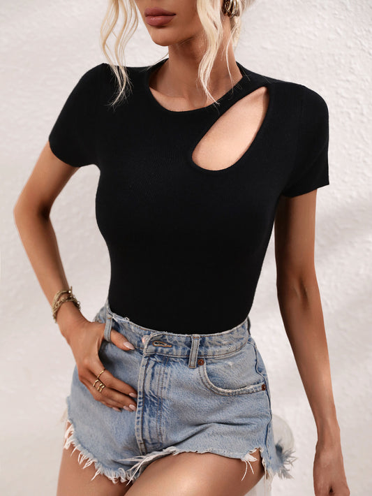 Cutout Round Neck Short Sleeve Knit Top Trendsi