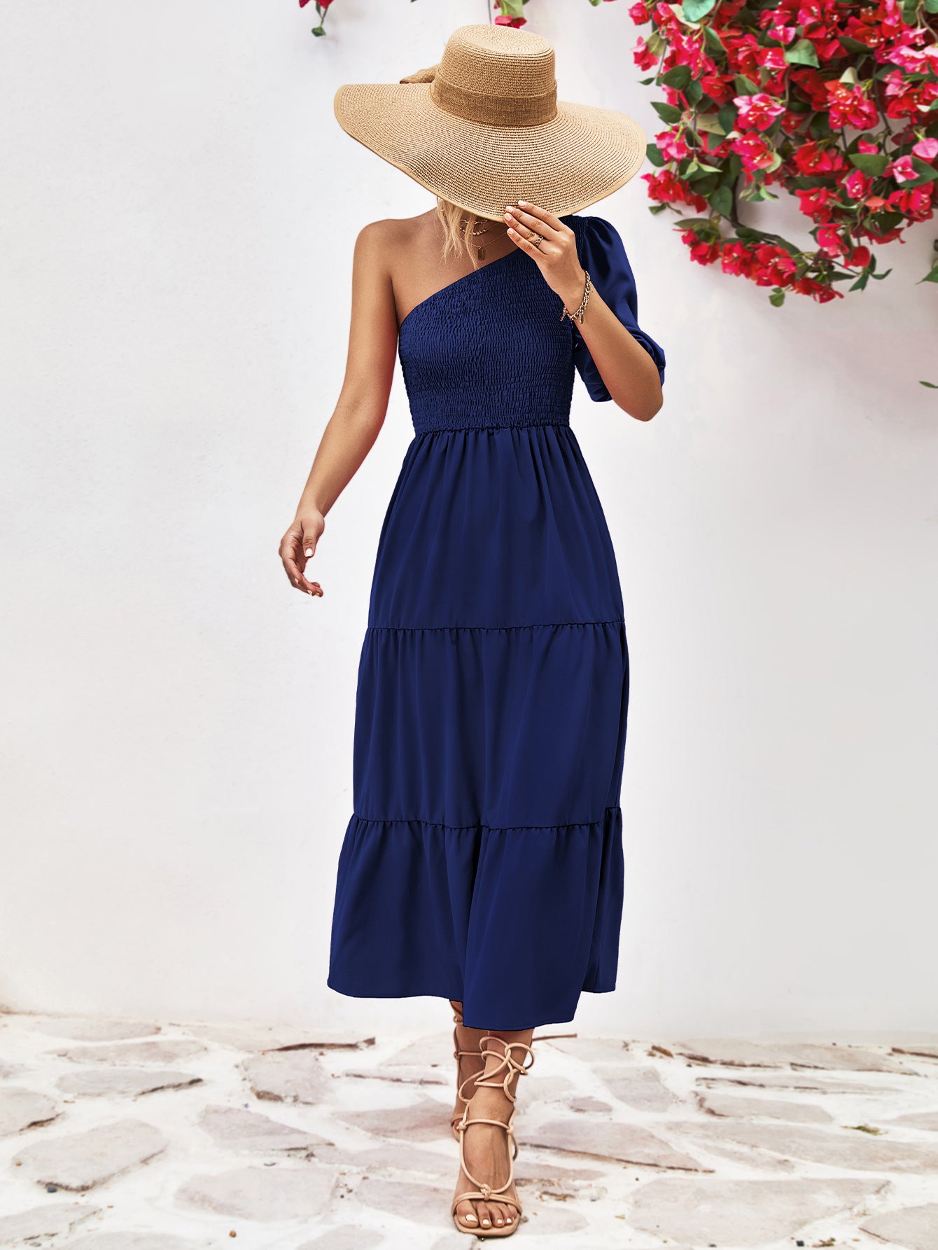 Smocked One-Shoulder Midi Dress Trendsi