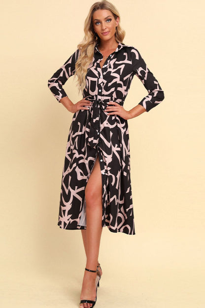 Printed Button Front Belted Midi Dress Trendsi