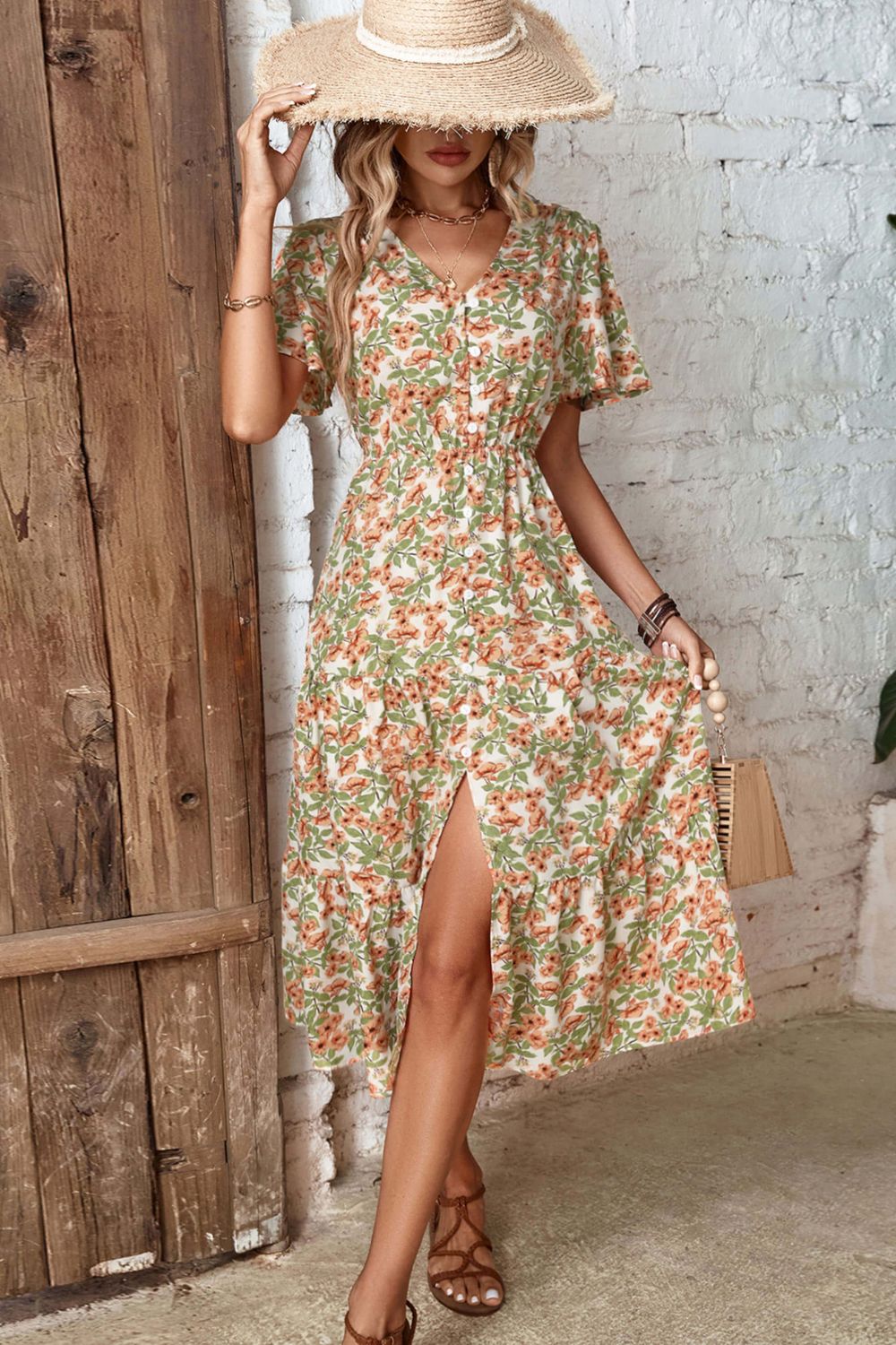 Floral V-Neck Front Slit Dress Trendsi