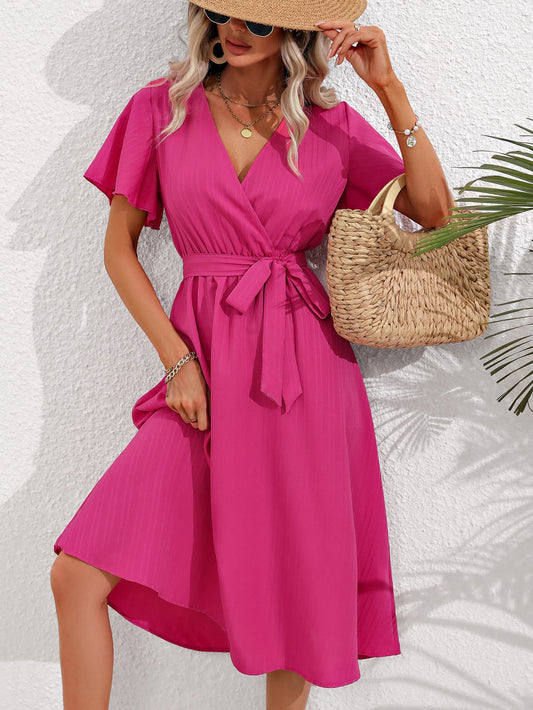 Surplice Neck Tie Belt Midi Dress Trendsi