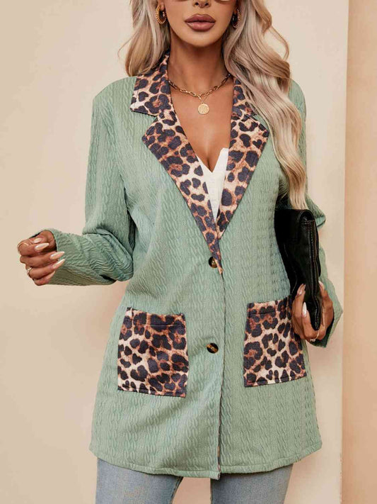 Leopard Buttoned Lapel Collar Blazer with Pockets Trendsi