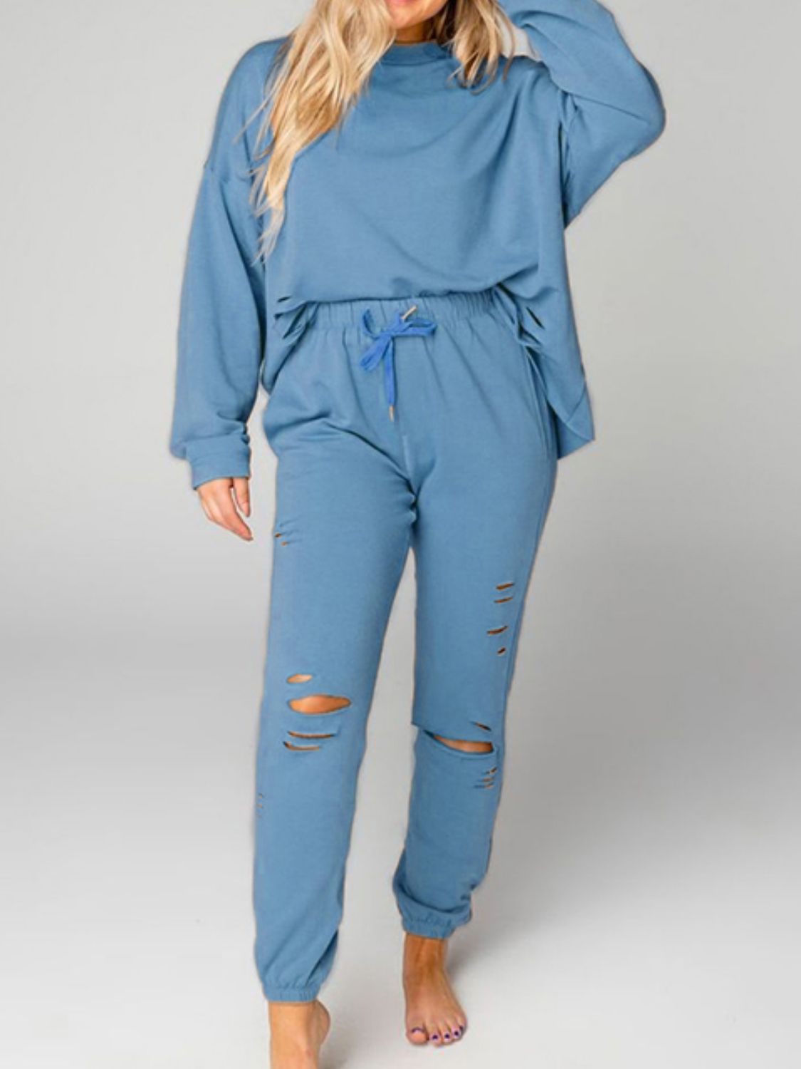Distressed Sweatshirt and Joggers Set Trendsi