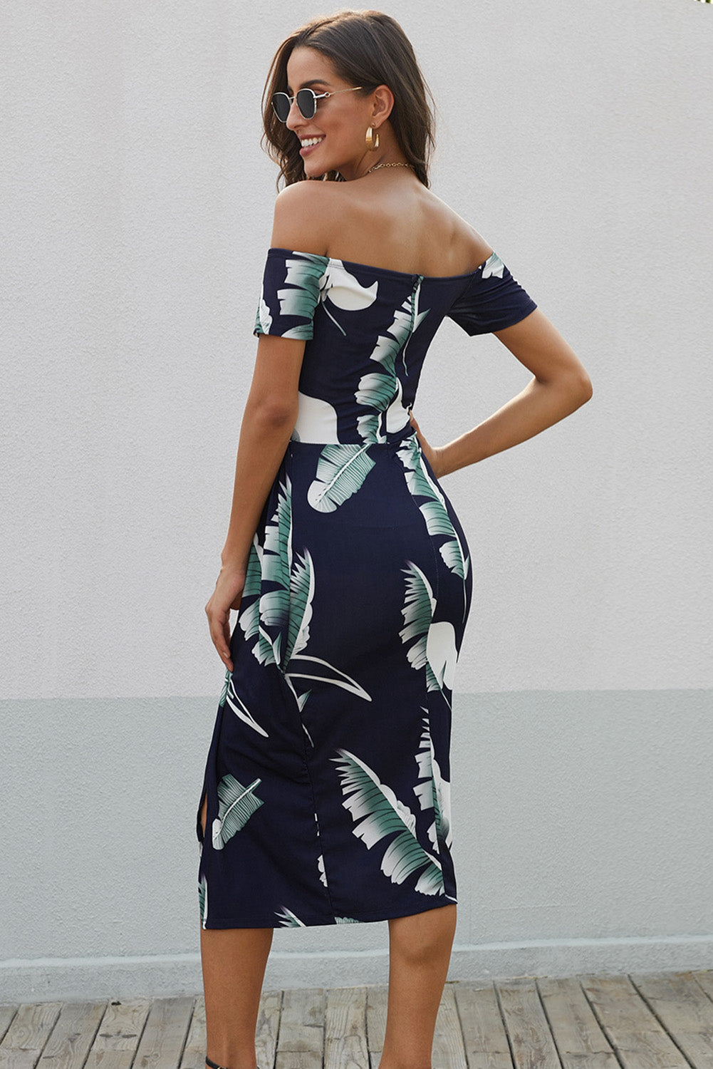 Printed Off-Shoulder Split Dress Trendsi