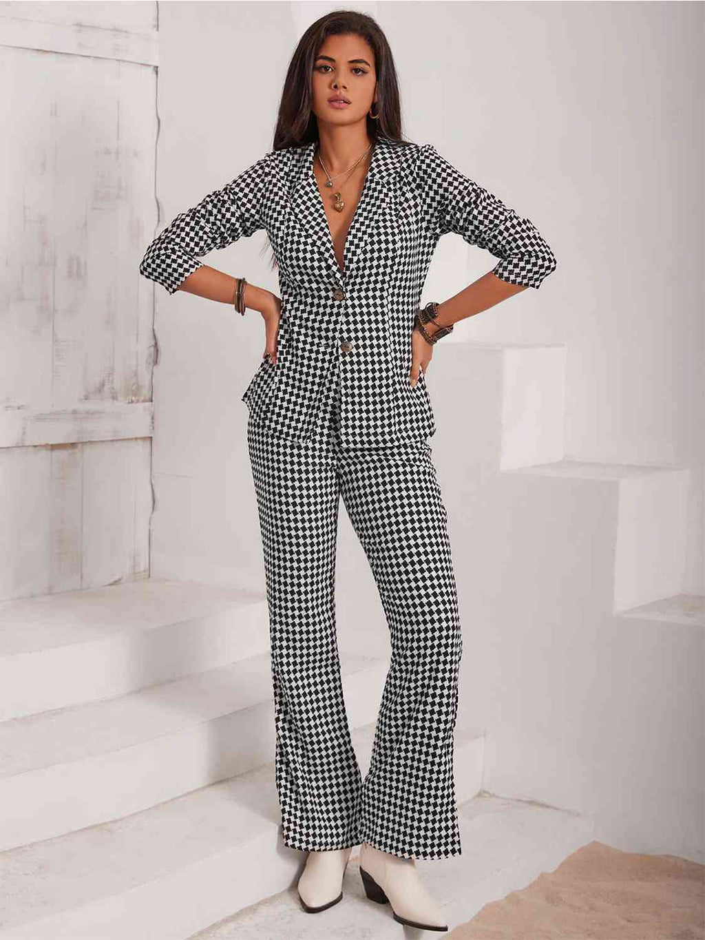Checkered Blazer & Slit Pants Set Trendsi