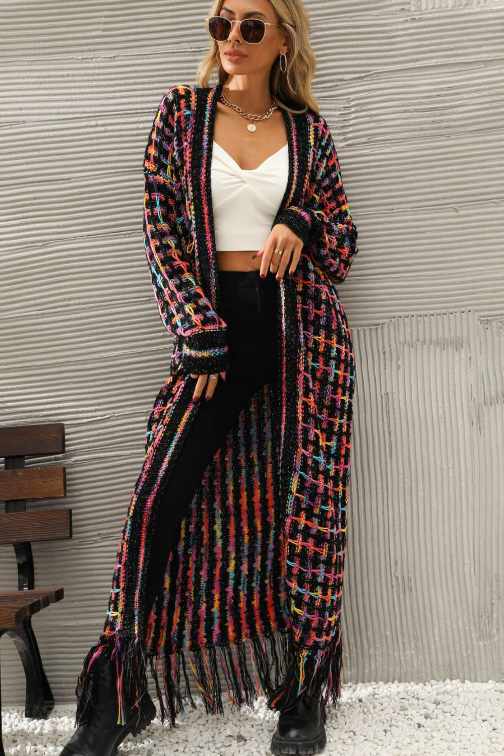 Multicolored Open Front Fringe Hem Cardigan Trendsi