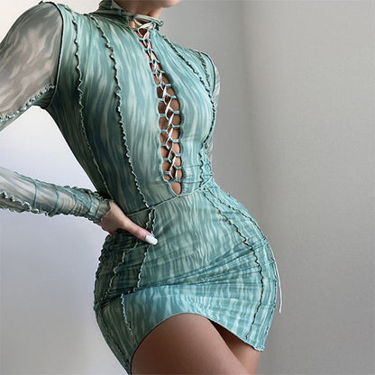 Hollow Lace-Up Mesh Long-Sleeved Dress #aclosy