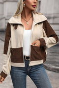 Color Block Zip Up Pocketed Jacket Trendsi