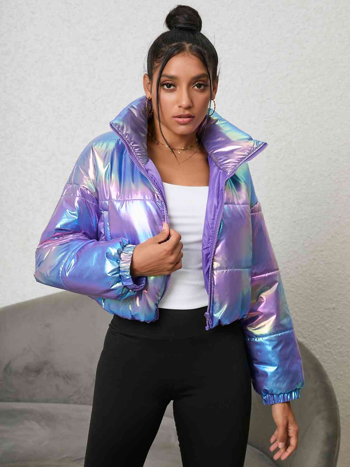 Gradient Zip-Up Collared Puffer Jacket Trendsi