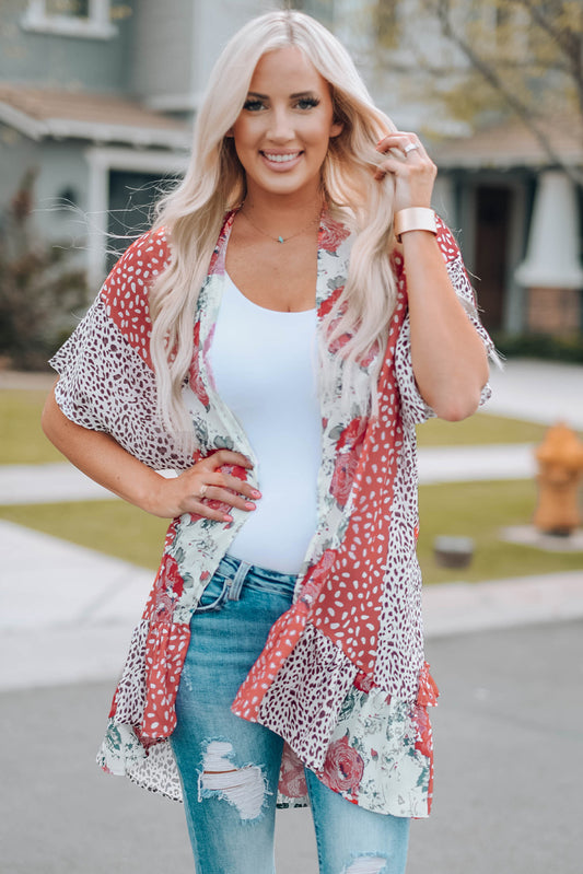 Mixed Print Ruffle Hem Kimono Aclosy+