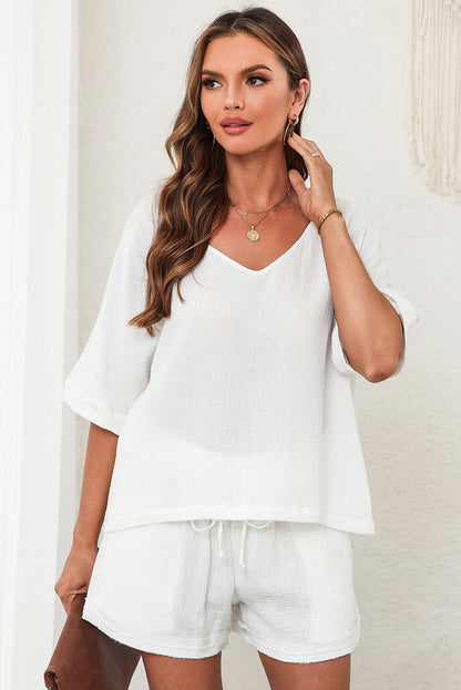 V-Neck Half Sleeve Top and Shorts Set Trendsi