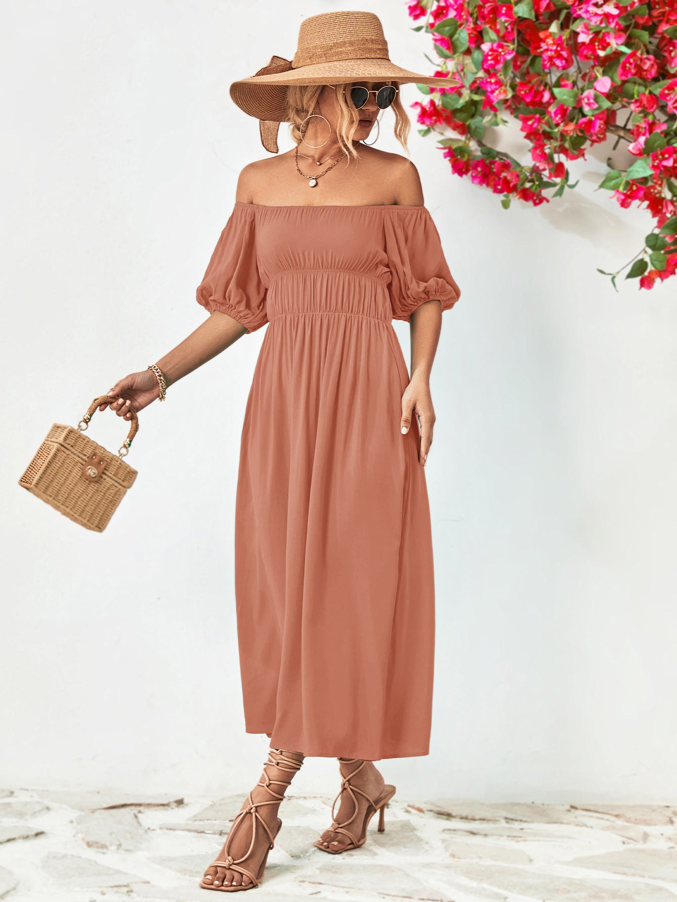 Off-Shoulder Balloon Sleeve Midi Dress Trendsi