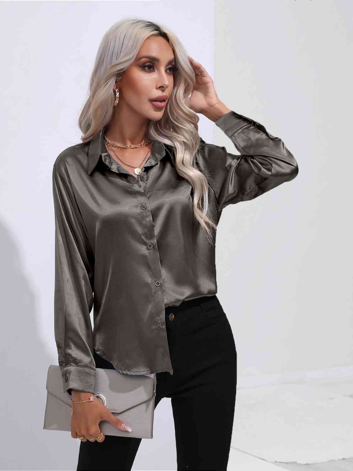 Collared Neck Buttoned Long Sleeve Shirt Trendsi