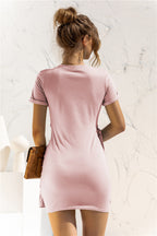 Round Neck Cuffed Sleeve Side Tie Dress Trendsi