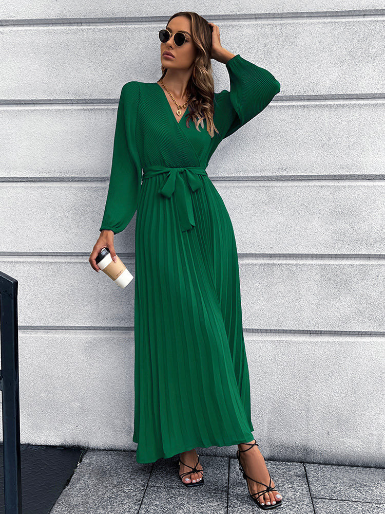 V-Neck Tie Waist Pleated Maxi Dress Trendsi