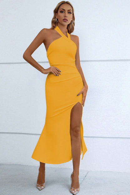 Halter Neck Split Fishtail Bodycon Dress Trendsi