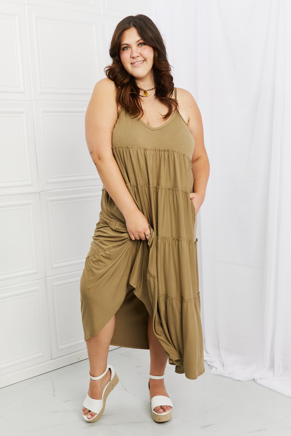 Zenana Full Size Spaghetti Strap Tiered Dress with Pockets in Khaki Trendsi