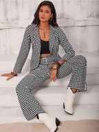 Checkered Blazer & Slit Pants Set Trendsi