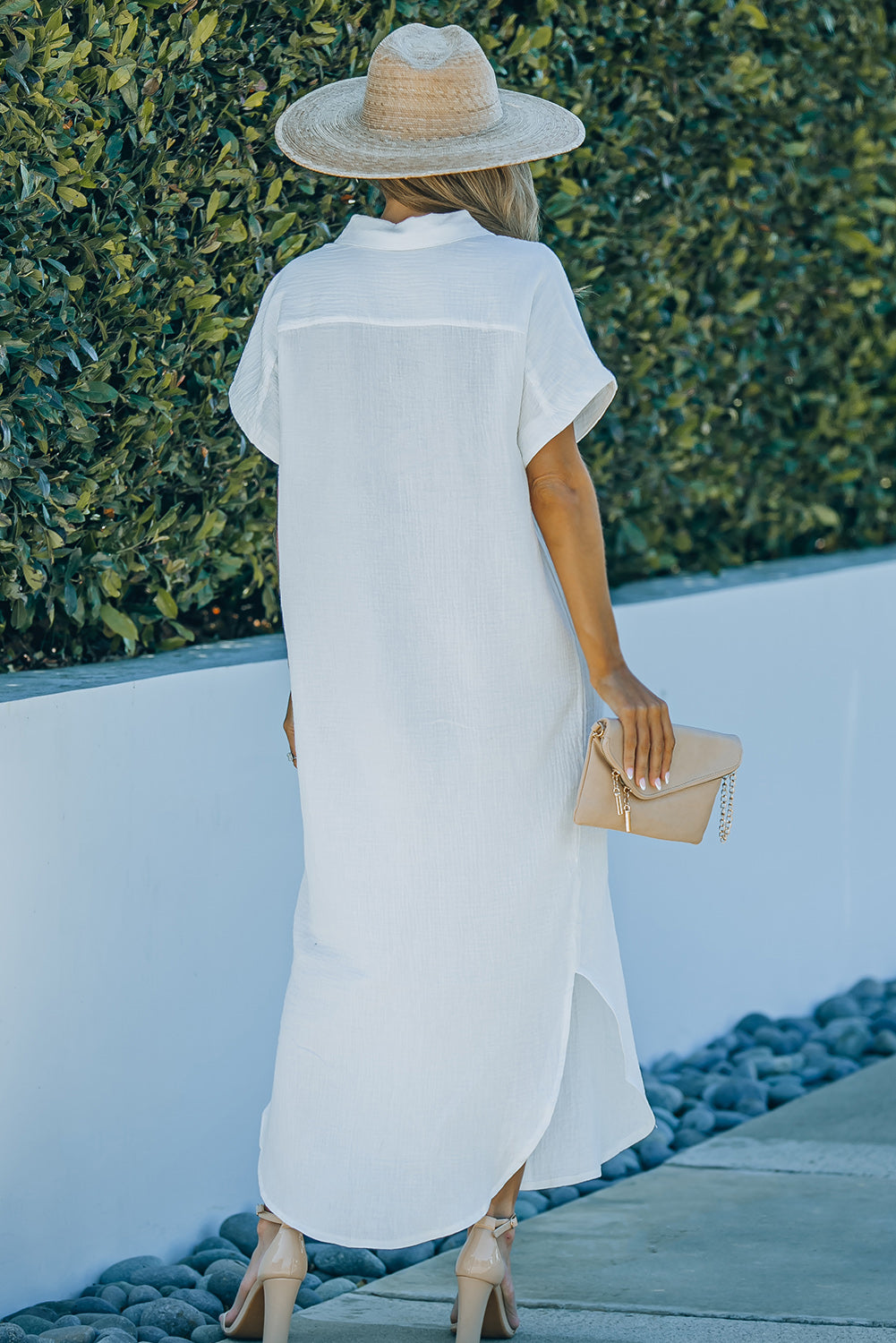 Textured Button Down Slit Shirt Dress Trendsi