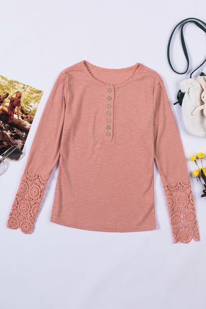 Crochet Lace Hem Sleeve Button Top Trendsi
