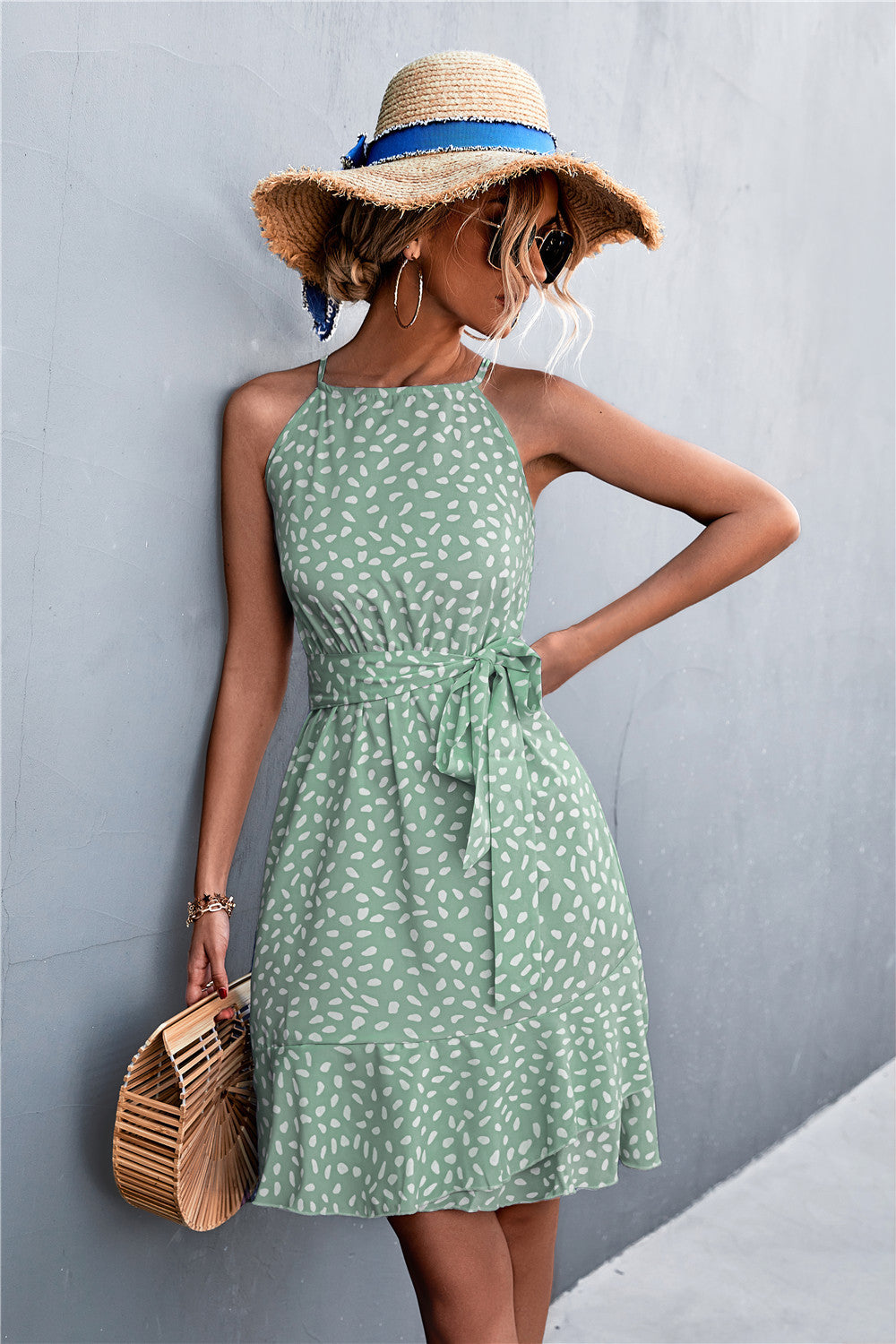 Printed Tie Waist Ruffle Hem Sleeveless Dress Trendsi