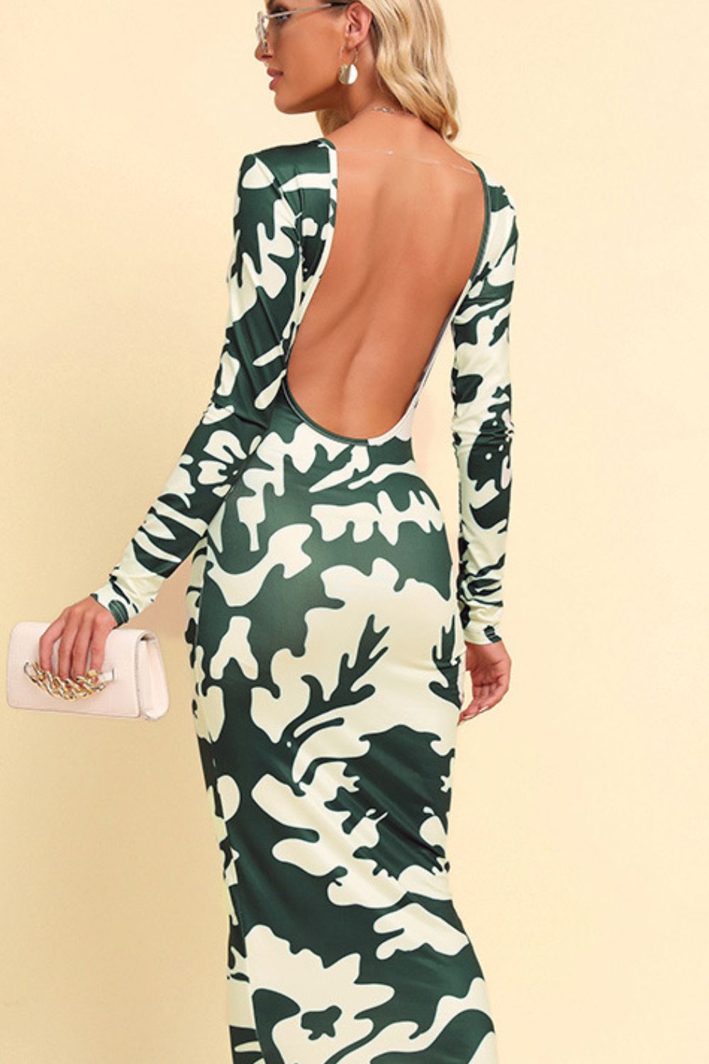 Printed Backless Long Sleeve Maxi Dress Trendsi