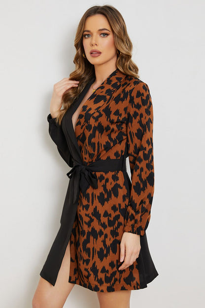 Leopard Color Block Belted Shawl Collar Dress Trendsi
