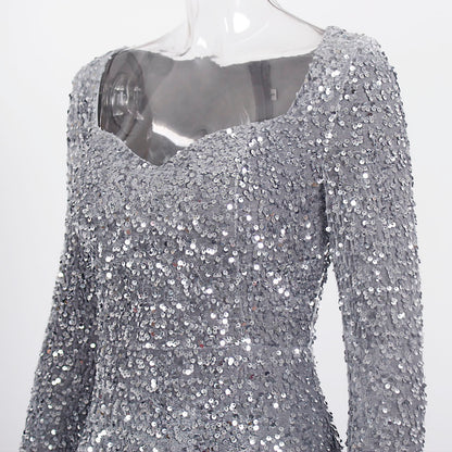 Fashion Sequin Square Neck Thin Silver Grey Party Dress aclosy
