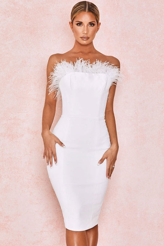 Chic Feather Midi Dress-White Aclosy