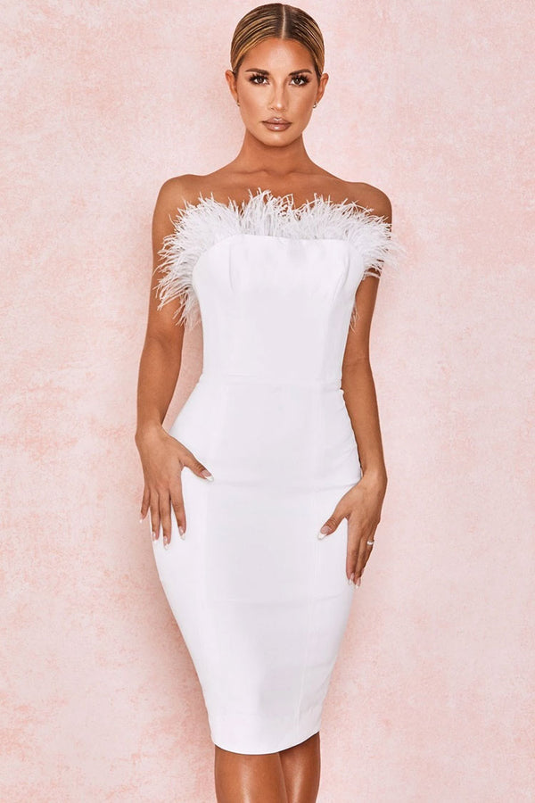 Chic Feather Midi Dress-White Aclosy