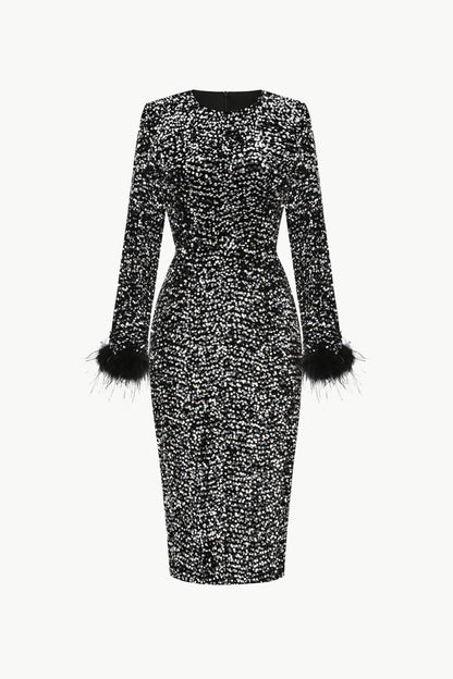 Sequin Round Neck Feather Trim Slit Dress-Black Trendsi
