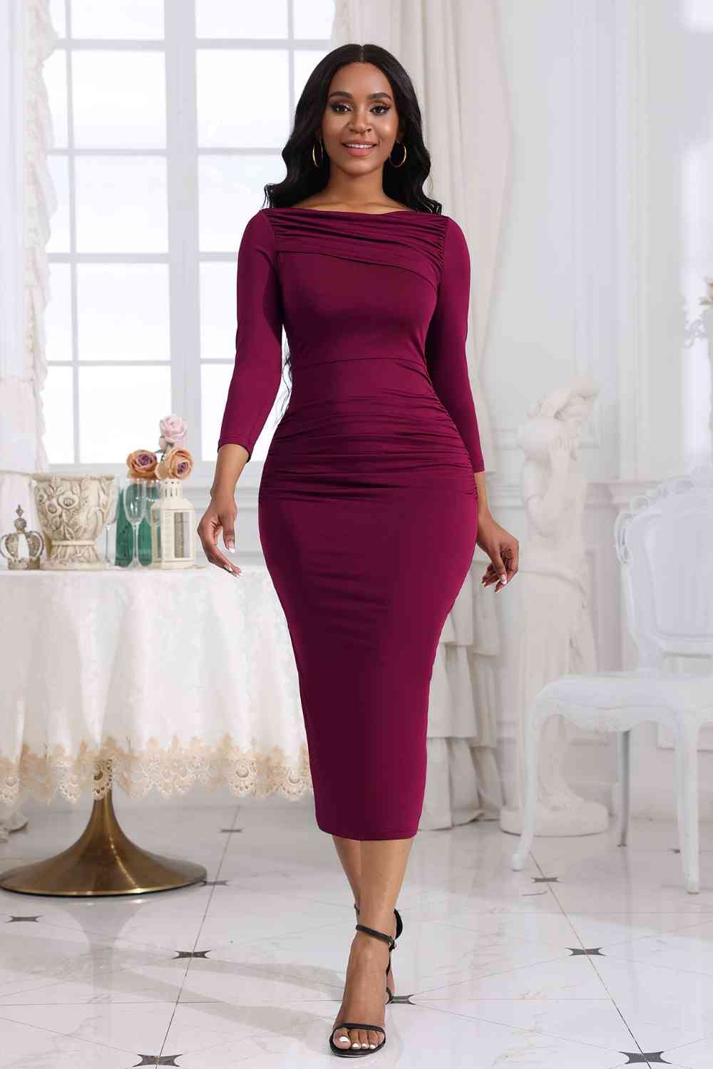 Ruched Boat Neck Midi Dress Trendsi