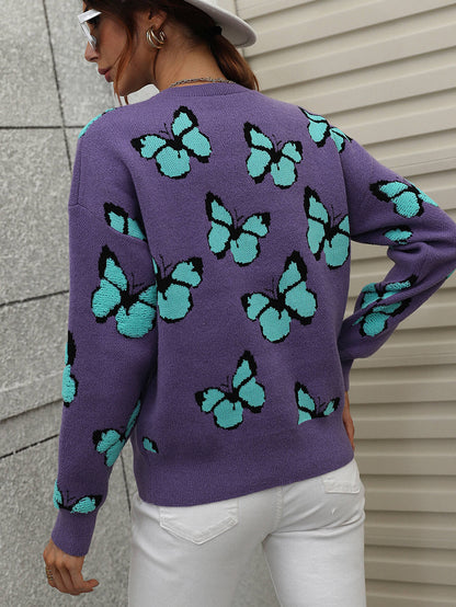 Butterfly Dropped Shoulder Crewneck Sweater Trendsi