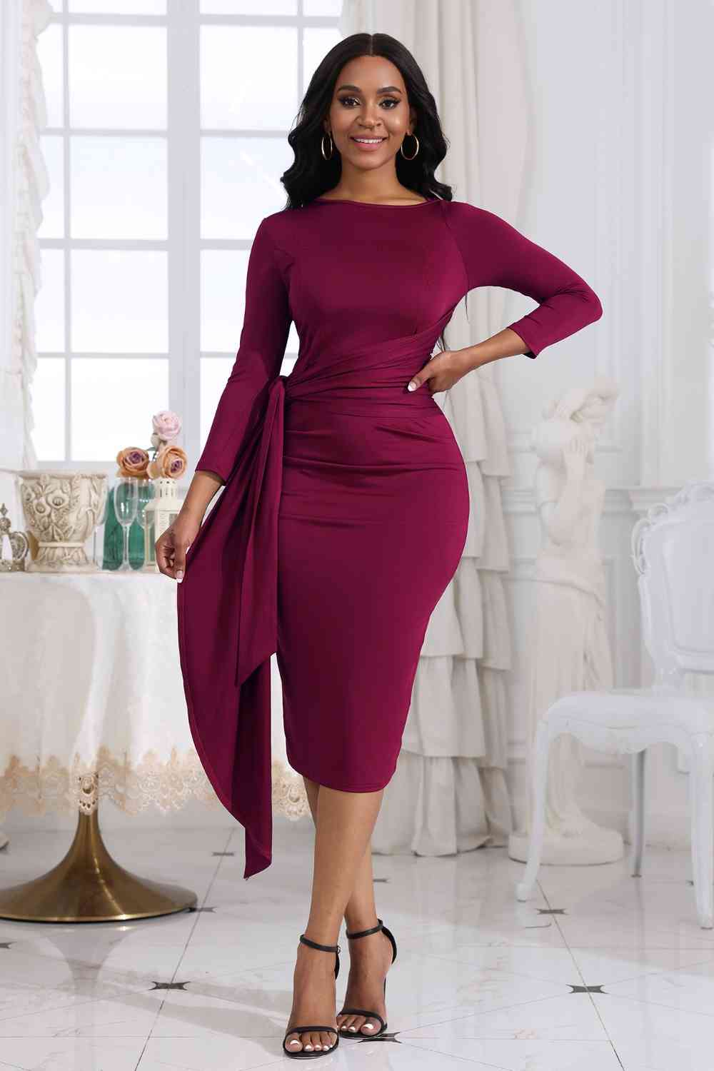 Tie Detail Round Neck Midi Dress Trendsi