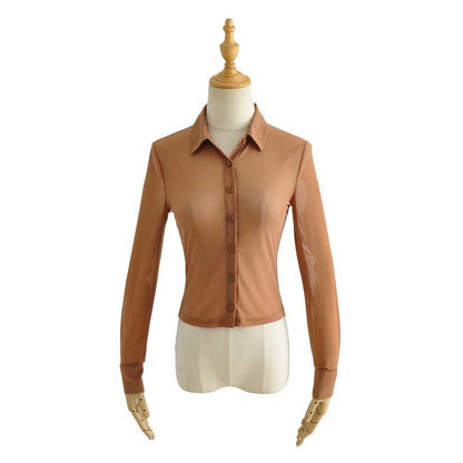 Women's Vintage Mesh Solid Button-Up Shirt ACLOSY