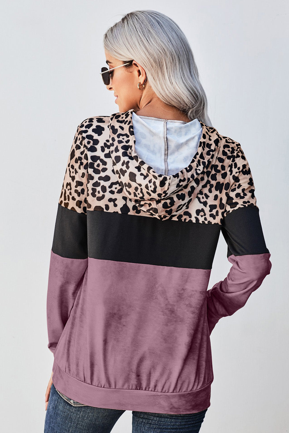 Leopard Color Block Hoodie Trendsi