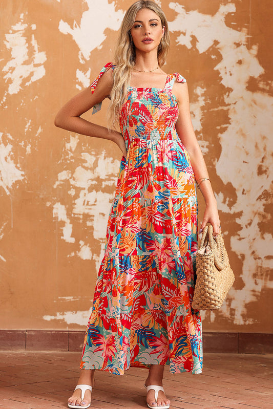 Printed Tie Shoulder Smocked Tiered Maxi Dress Trendsi