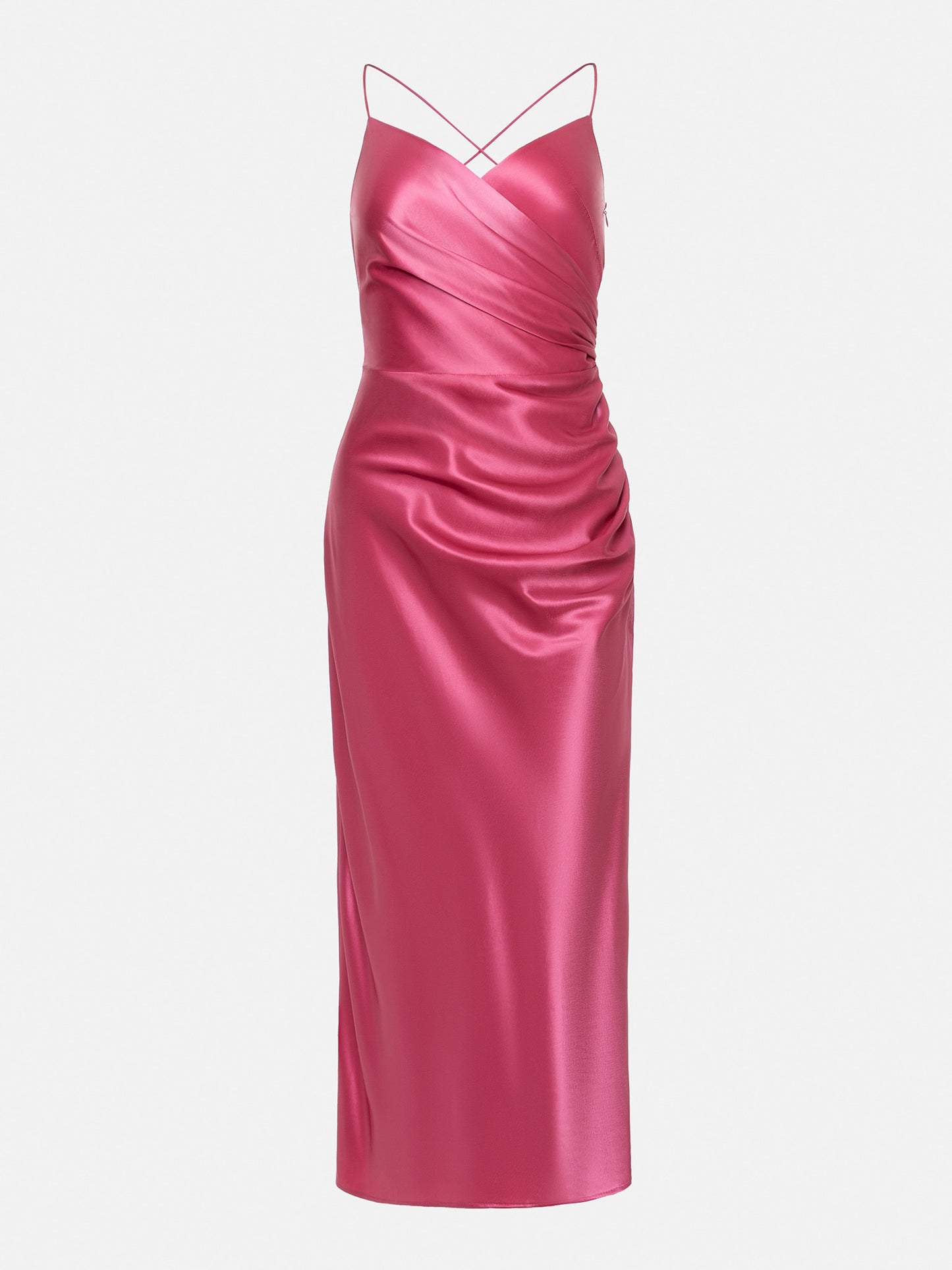 Satin V-neck Side Gathered Dress aclosy