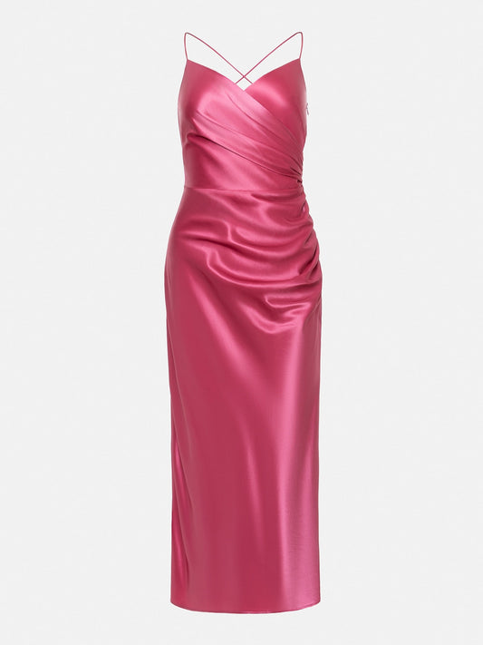 Satin V-neck Side Gathered Dress-Pink aclosy