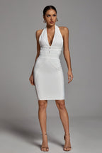 Iory White V Neck Bandage Dress aclosy