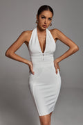 Iory White V Neck Bandage Dress aclosy