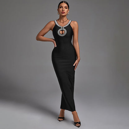 Diamond-studded Suspenders-Black Dress aclosy