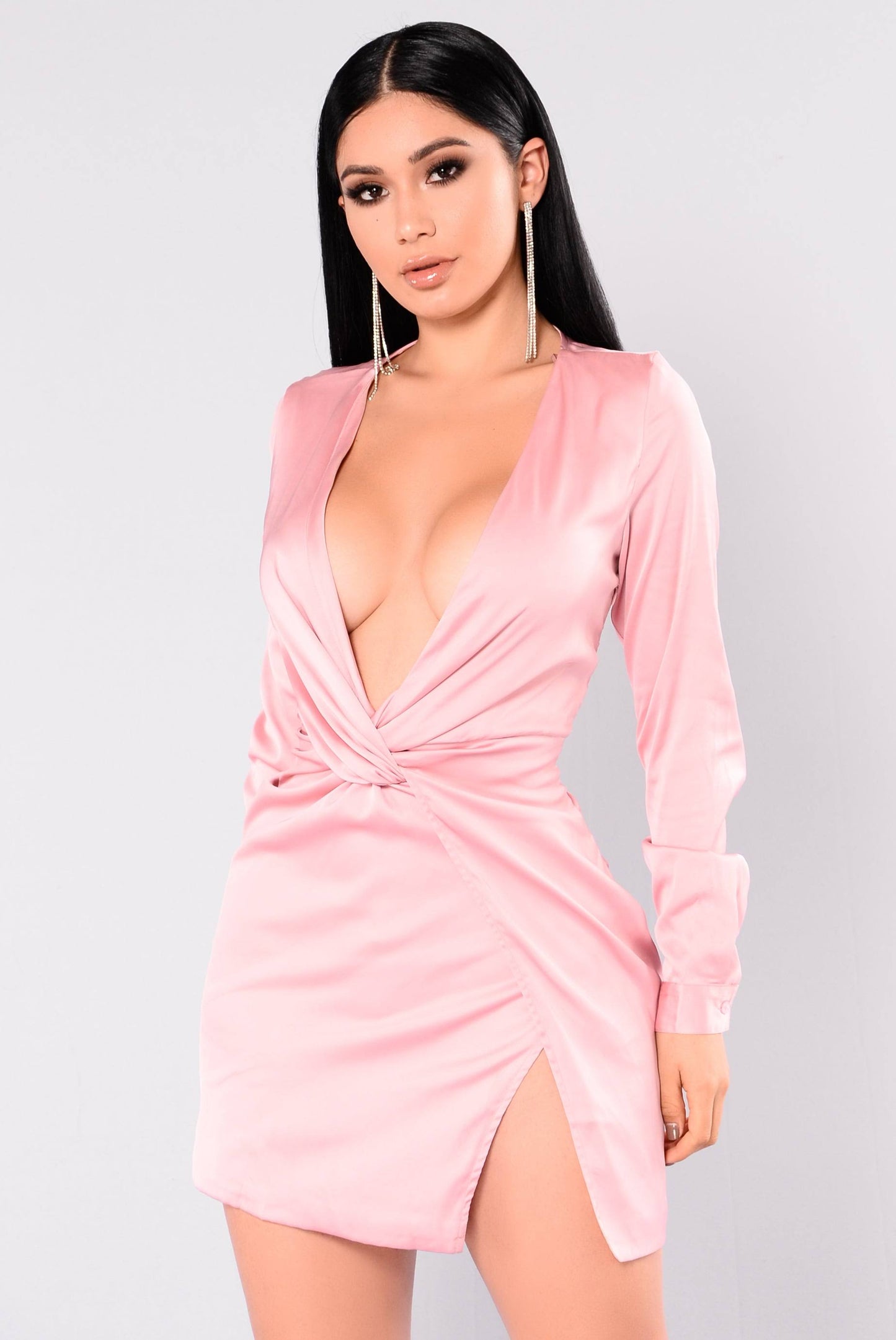 Ruched split sexy long sleeve mini dress aclosy