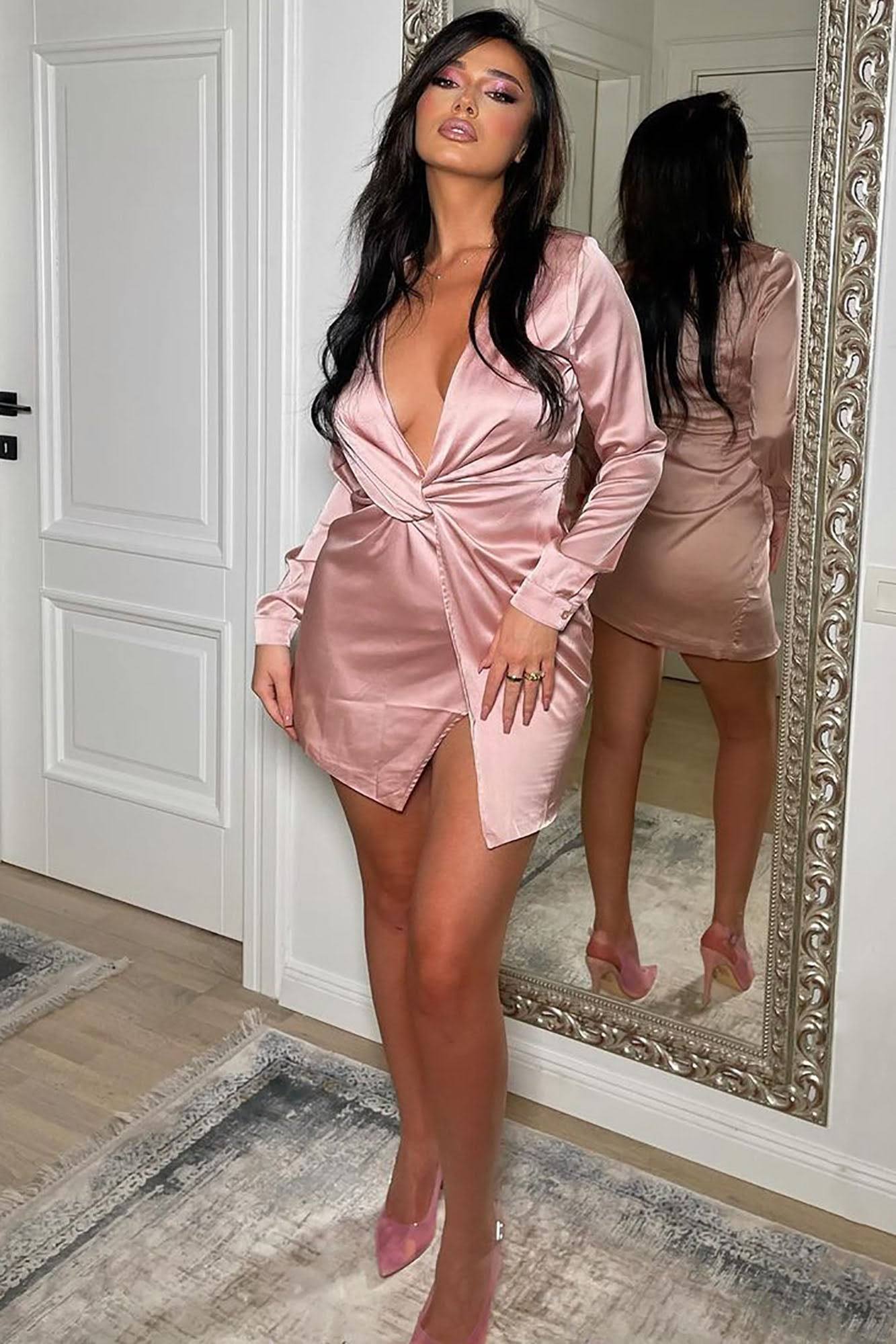 Ruched split sexy long sleeve mini dress aclosy