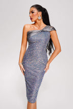 Sequin One-Shoulder Midi Bodycon Dress aclosy