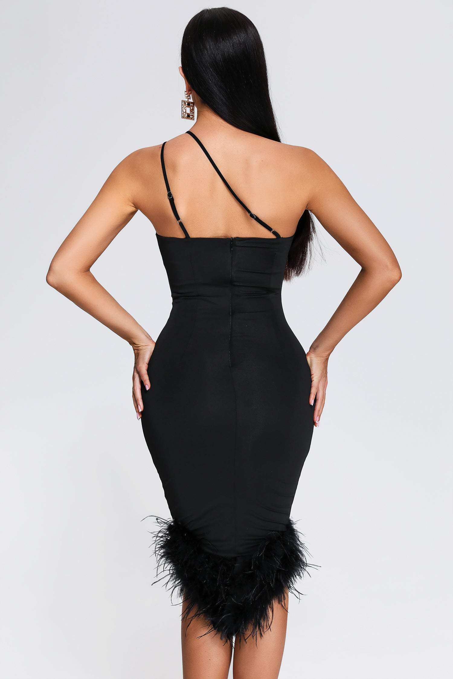 Alyia Feather Midi Backless Dress-Black aclosy